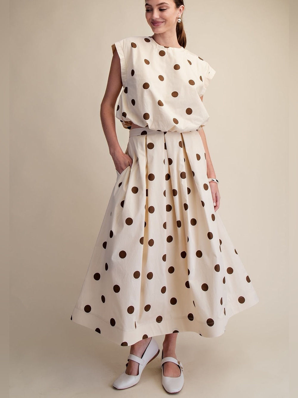 Glam Bubble Crop Top & matching Glam Pleated Skirt Cream Brown Polkadot Small